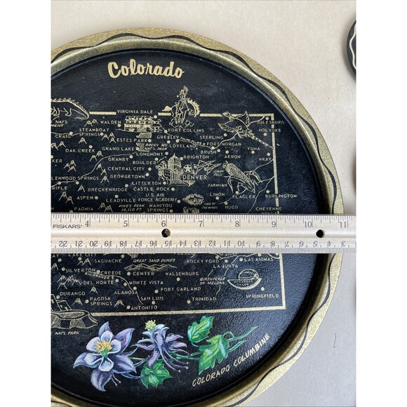 VTG Colorado‎ State & Flower Travel Souvenir Tin Metal Bar Tray Plate,4 Coasters - Picture 3 of 8